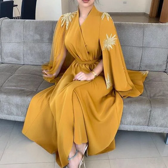 Ends Soon yellow prom dresses 2020 v neck long sleeve lace appliques beading sequins a line evening dresses formal dresses  cg12219 Graceful Cut