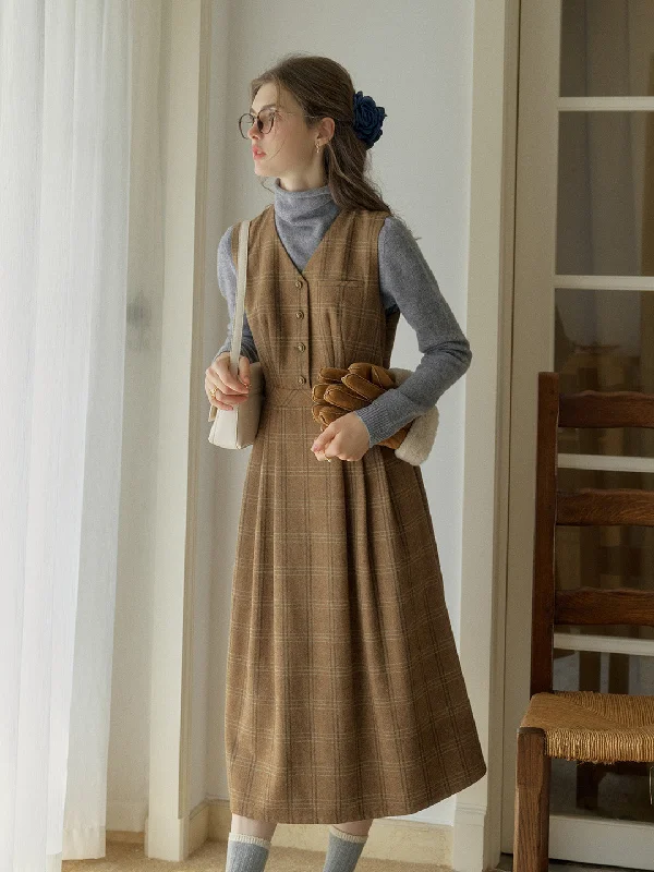 Fashionista Sale Avayah V-neck Brown Plaid Sleeveless Pocket Wool Dress Casual Chic