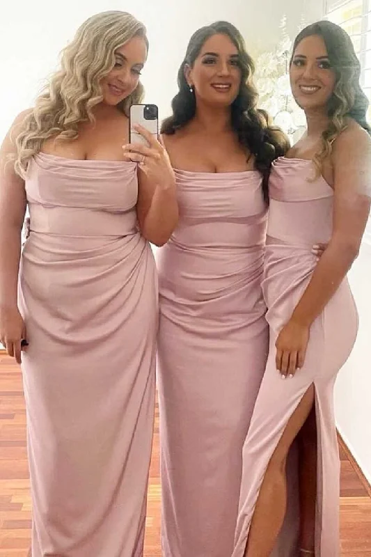 Swimwear Summer Blowout Roycebridal Cheap Long Boho Pink Bridesmaid Dress Satin Sleeveless Cowl Neck with Slit Elevated Style