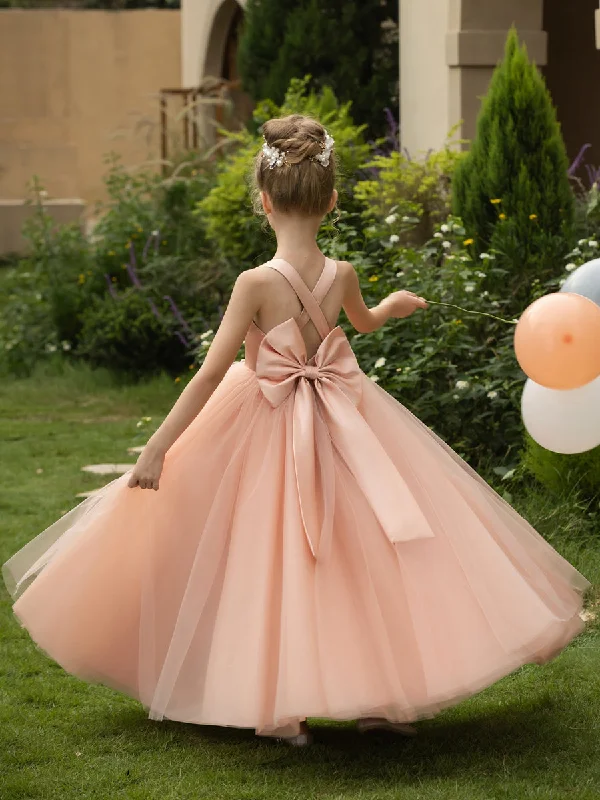 Premium Style V-Neck Sleeveless Tulle Flower Girl Dresses with Satin Bowknot Cottagecore Rustic Charm Style