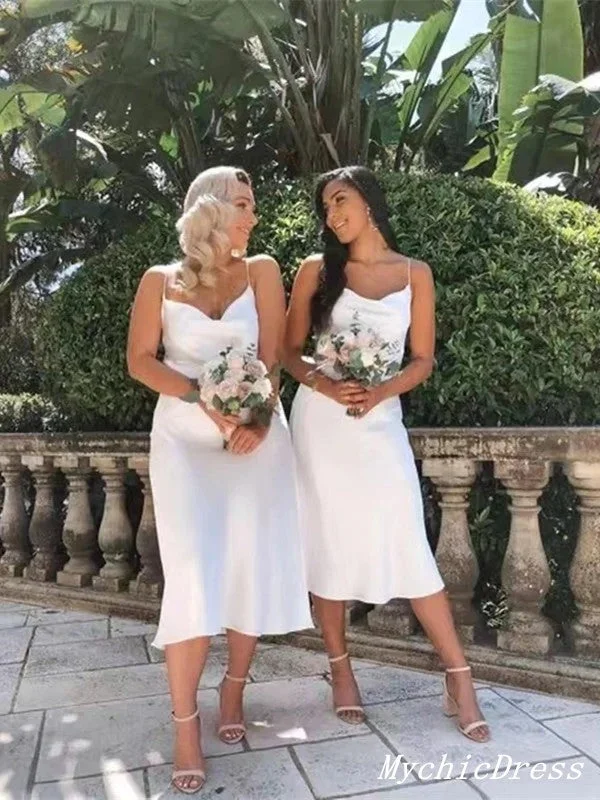 Exclusive Designer Style Deals White Spaghetti Straps Simple Short Satin Beach Bridesmaid Dresses Save on Classic Elegant Styles