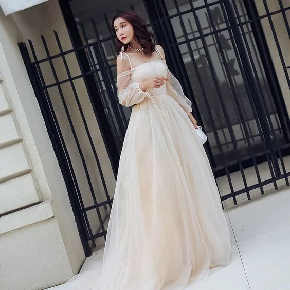 Flash Sales Champagne Summer Prom Dresses Empire Spaghetti Straps Off-The-Shoulder Long Sleeve   cg9920 Elevated Style