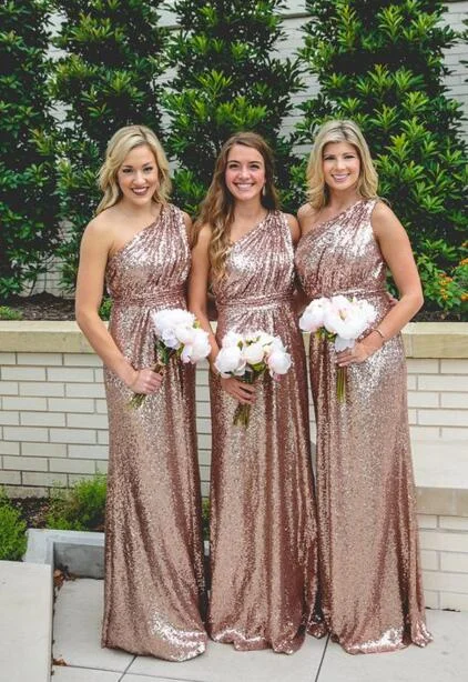 Vintage-Modern Style Offers Sparkly One Shoulder Rose Gold Sequins Bridesmaid Dress Playful Elegance