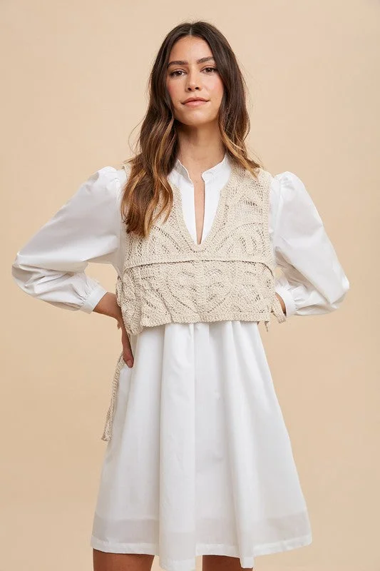 Stylish Savings Annie Wear Crochet Vest Notched Long Sleeve Shirt Dress Effortless Grace