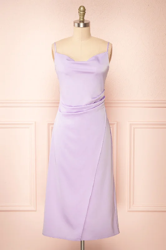 Chic Trends Unveiled Chloe Lilac | Cowl Neck Satin Midi Slip Dress Minimalist Office - Ready Style