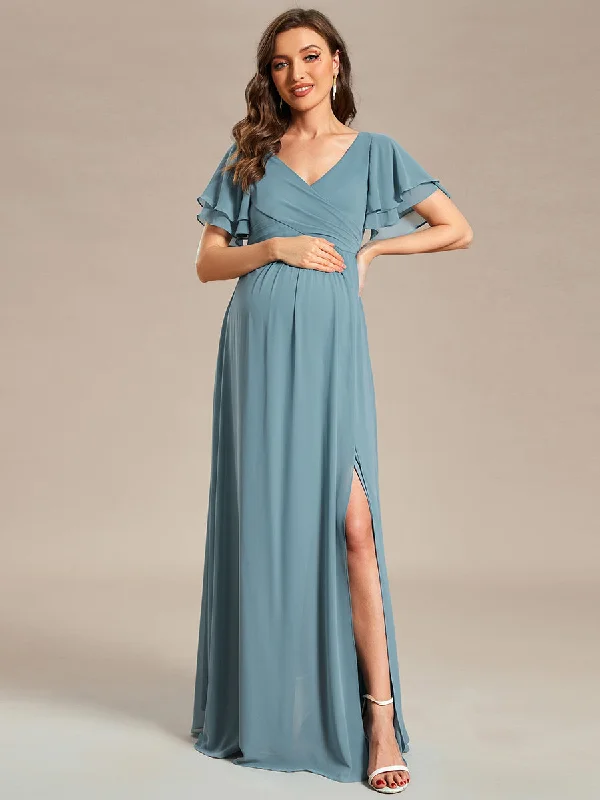 Special Offers Ruffle Sleeves Split Chiffon Wholesale Maternity Dresses Effortless Style