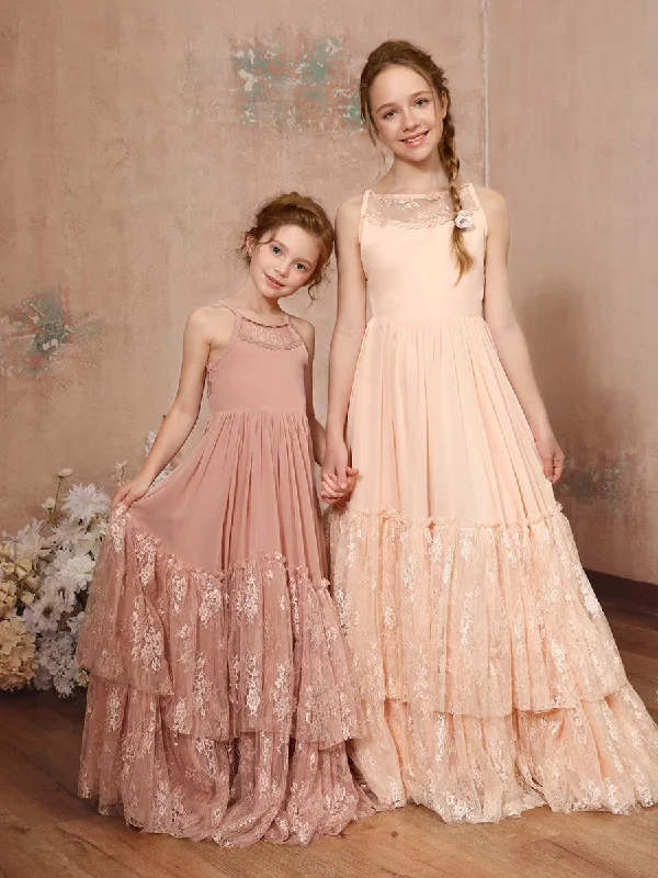 Casual Chic Deals A-Line/Princess Lace Chiffon Sleeveless Scoop Neck Floor-Length Junior Bridesmaid Dresses Romantic Flair