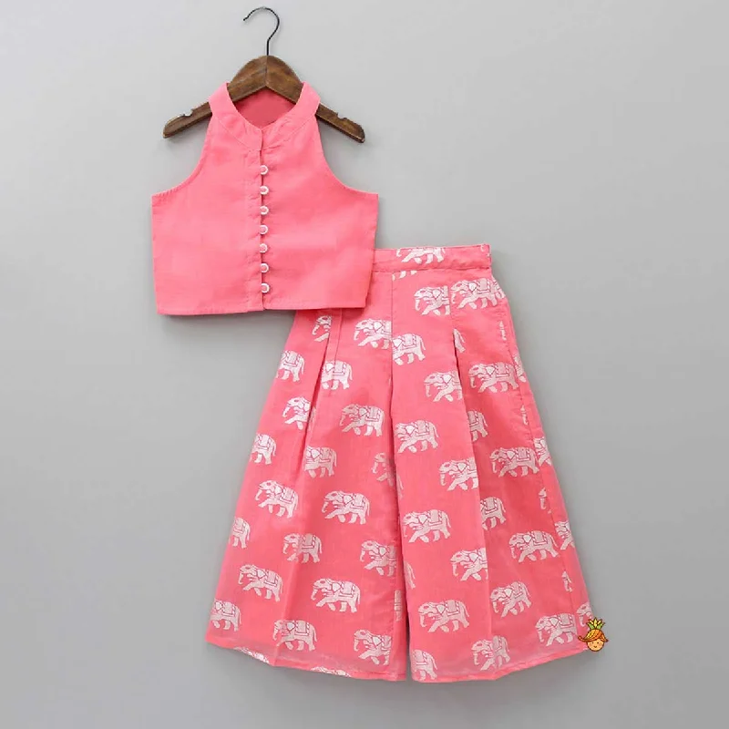 Premium Style Sleeveless Pink Top and Elephant Print Palazzo Feminine Grace