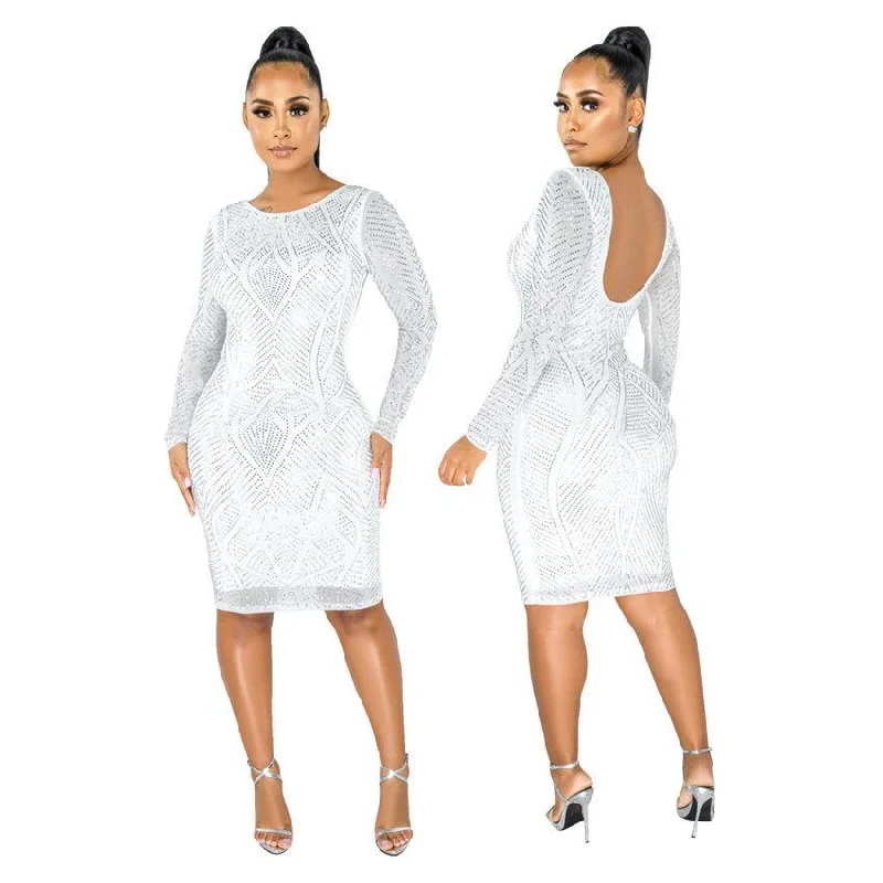 Elegant Fashion Offers Women Dresses Sparkly Rhinestones Spliced Sexy Pencil Dress Scoop Neck Full Sleeve Party Club Dress Vintage Bodycon Knee Length Feminine Allure