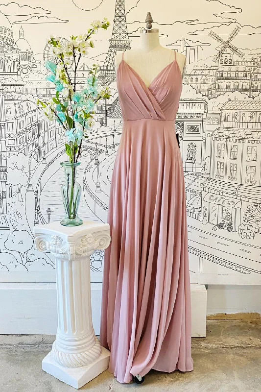 Effortless Style, Endless Impact Pink V Neck Spaghetti Straps Pleated Chiffon Long Bridesmaid Dress Today Only