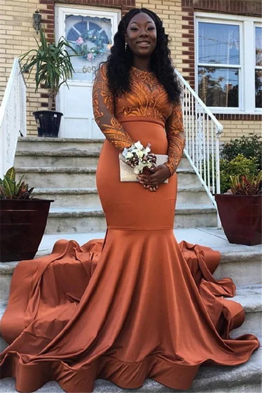 Hurry Before It'S Gone Glamorous Round Neck Appliques Long Sleeves Mermaid Floor-Length Prom Dresses    cg11865 Artful Design