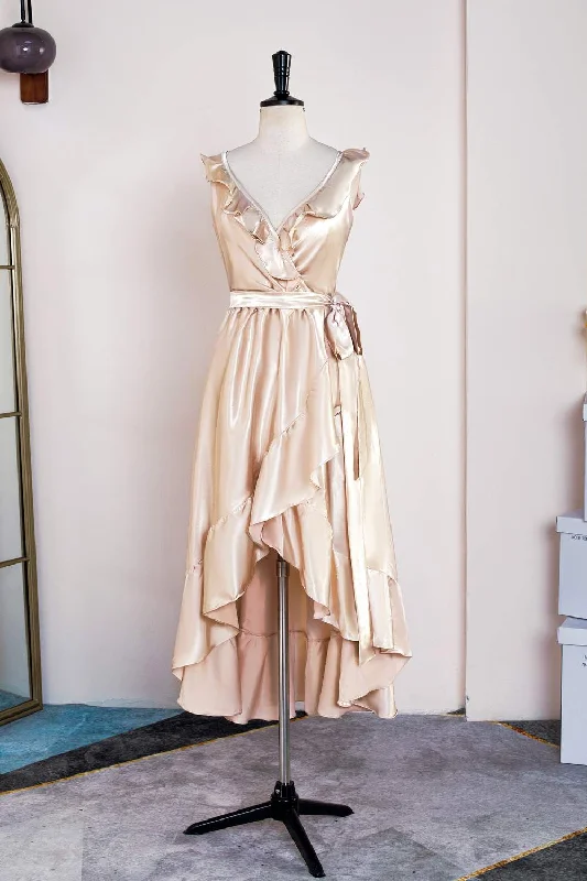 Trendy Pulse Champagne Ruffled Faux-Wrapped A-line Hi-Low Bridesmaid Dress with Sash Dreamy Draping