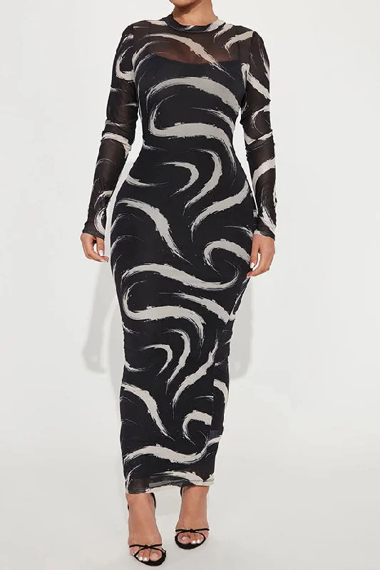 Season Sale Ripple Print Simple Bodycon Midi Dress With Inner Layer Big Savings on Minimalist Office Styles