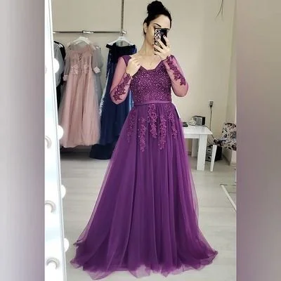 Save Big Long Sleeves Purple Long Formal Dress prom party dresses  cg8817 Weekend Special