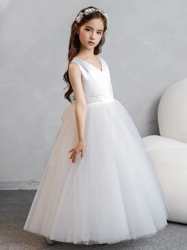 Casual Fashion V-Neck Tulle Flower Girl Dresses with Satin Bowknot Nordic Minimalist Home Look