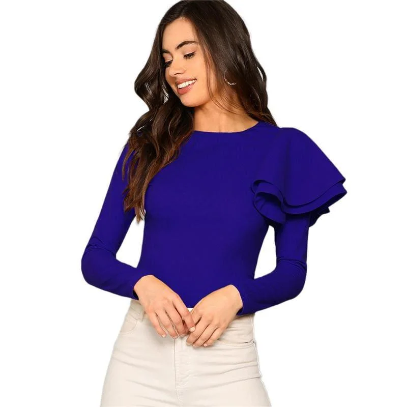 Flirty Fashion Discounts Blue Long Sleeve Office Ladies Zip Back Ruffle One Sleeve Blouse Chic Urban Fashion Look