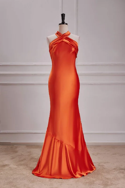 Hot Brand Discounts Orange Bow Tie Halter Mermaid Satin Long Bridesmaid Dress Everyday Glamour