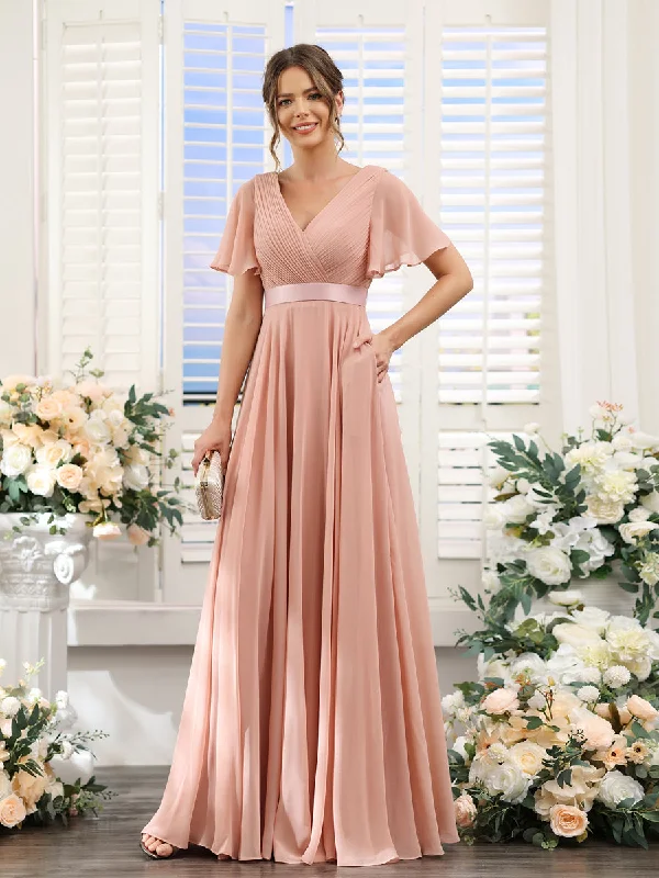 Fashion Deal A-Line V-Neck Short Sleeves Chiffon Bridesmaid Dresses with Pockets Dreamy Draping