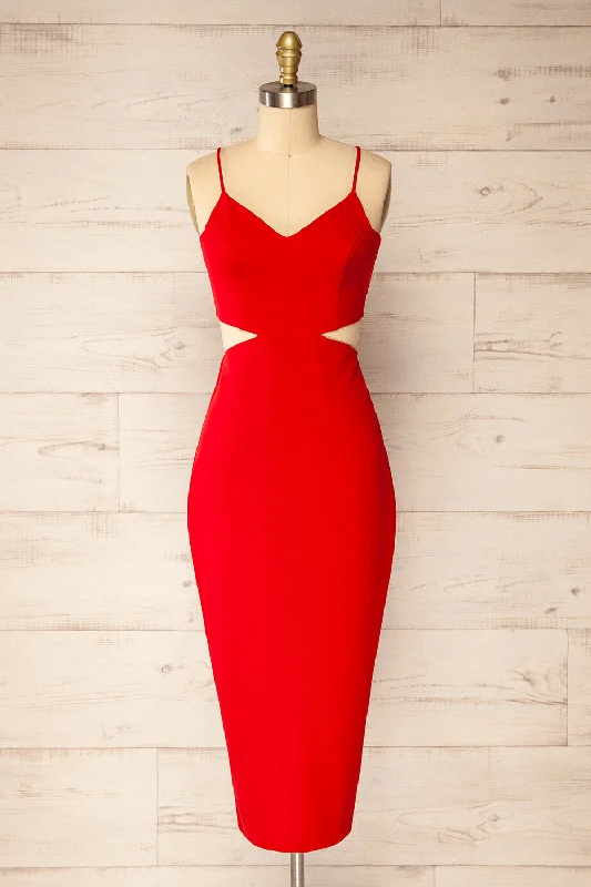 Trendy Street Style Komia Red | Fitted Midi Dress w/ Cut-Outs Romantic Date - Night Ensemble