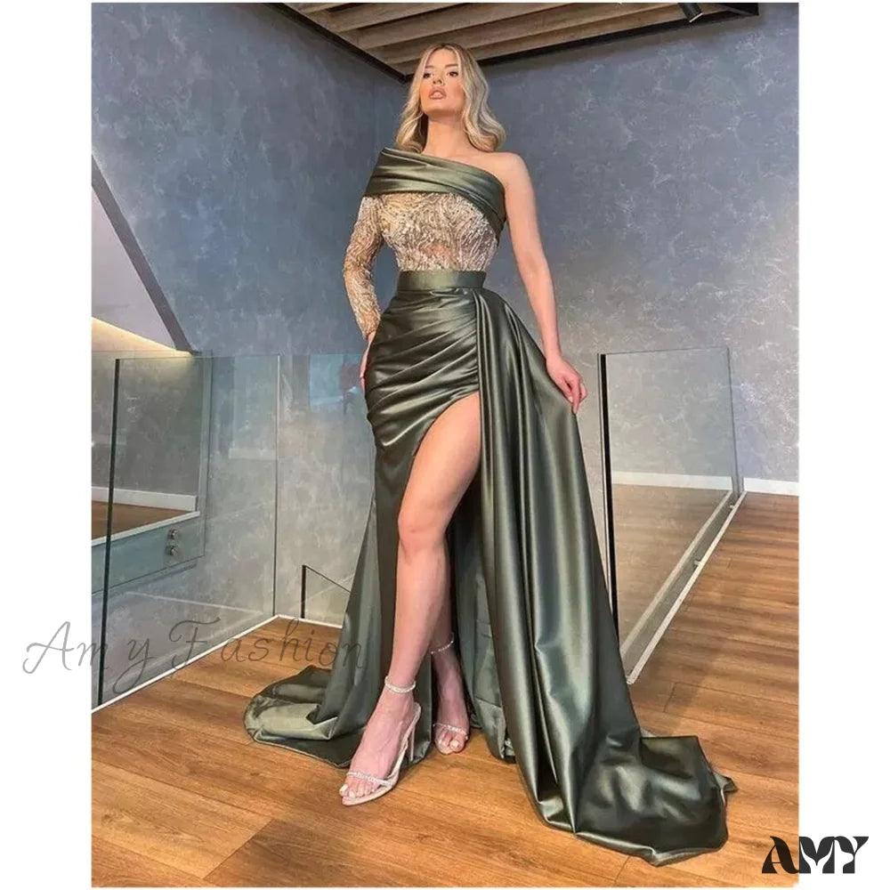 Budget Saver Amy Fashion - Unique Prom One Long Sleeve Mermaid Appliques Side Slit Evening Dress Exquisite Craftsmanship