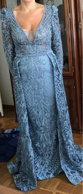 Trendy Street Style Long Sleeves Mermaid Evening Dresses, Blue Luxury Prom Dress    cg13476 Casual Elegance