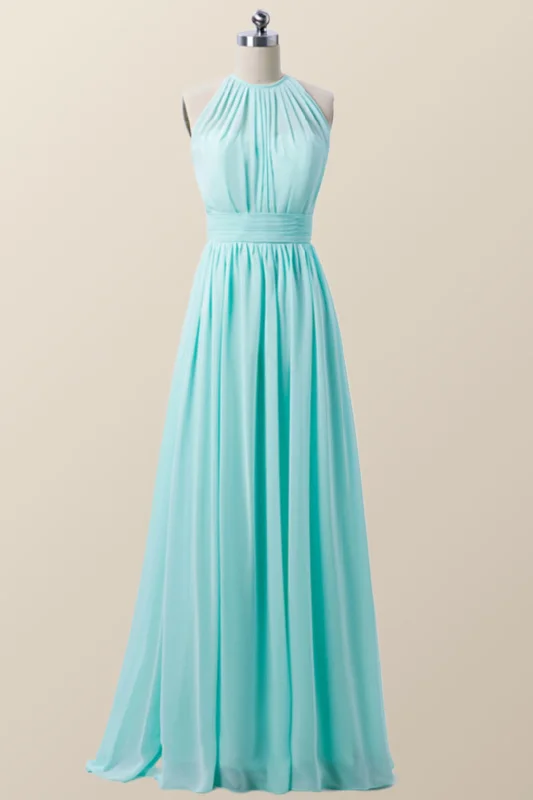 On-Trend Fashion Offers Halter Blue Chiffon Long Bridesmaid Dress Effortless Style