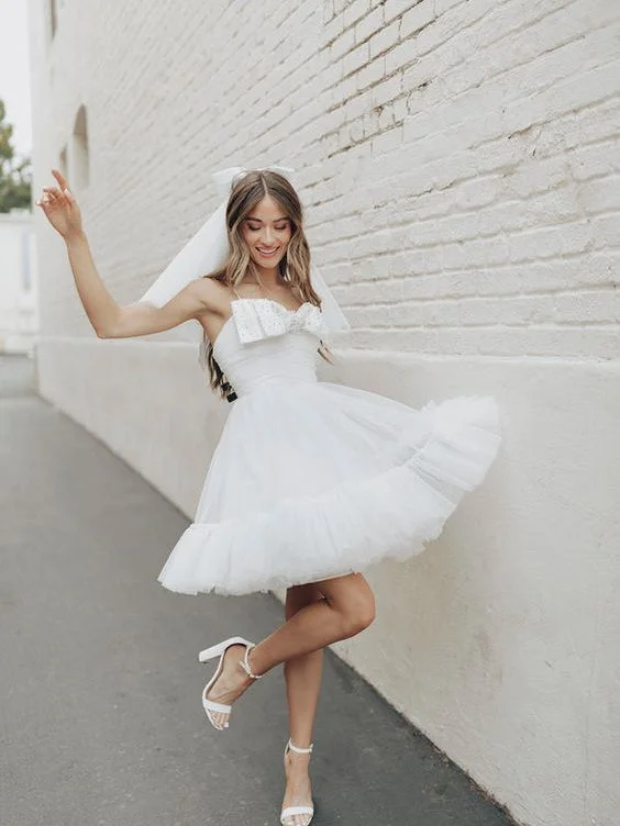 Snag Fabulous Fashion Bargains Spaghetti Mini Wedding Dresses With Cute Bow, Fluffy Mini Bridal Gown, Cute Short Prom Dresses Boho Chic