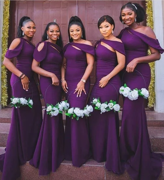 Unleash Your Trend Driven Style Hot Long Off the Shoulder Dark Purple Satin Bridesmaid Dresses Mermaid Bold Silhouette