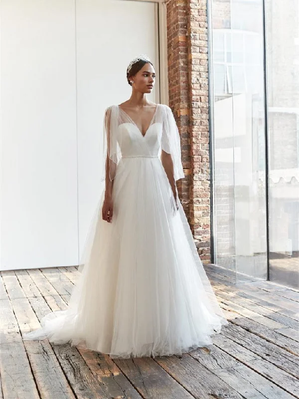 Unleash Your Fashion V-neck Simple Tulle Wedding Dresses, Elegant A-line Wedding Dresses, Bridal Gown, 2023 Wedding Dresses Formal Outfit