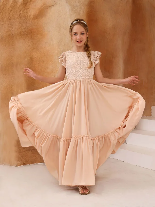 Stylish Savings A-Line/Princess Lace Short Sleeves Scoop Neck Floor-Length Junior Bridesmaid Dresses Save on Classic Elegant Styles