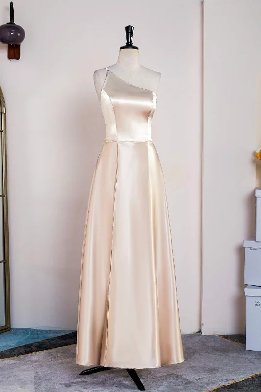 The Latest Fashion Trends Champagne One Shoulder A-line Satin Tea Length Bridesmaid Dress Effortless Sophistication