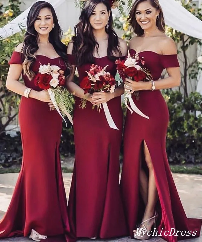 Smart Casual Deals Roycebridal Sexy Burgundy Wedding Guest Dresses Floor Length Bridesmaid Dress with Split Ethnic Cultural Event Wear