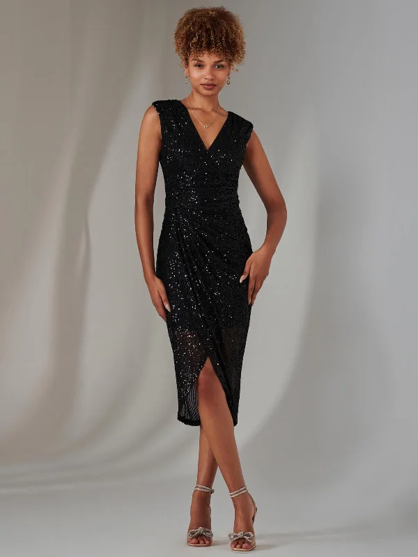 Statement Fashion Offers Aisla Ruched Sequin Bodycon Dress, Black Y2K Nostalgic Fashion Look