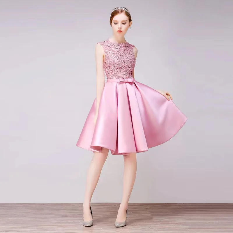 Luxury Fashion Pink Homecoming Dress, Cute Graduation Dress, Short Satin Party Dress Tropical Island - Inspired Attire