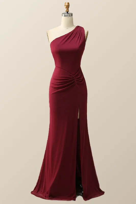 Luxury Fashion Discounts One Shoulder Burgundy Mermaid Long Bridesmaid Dress Elegant Attire