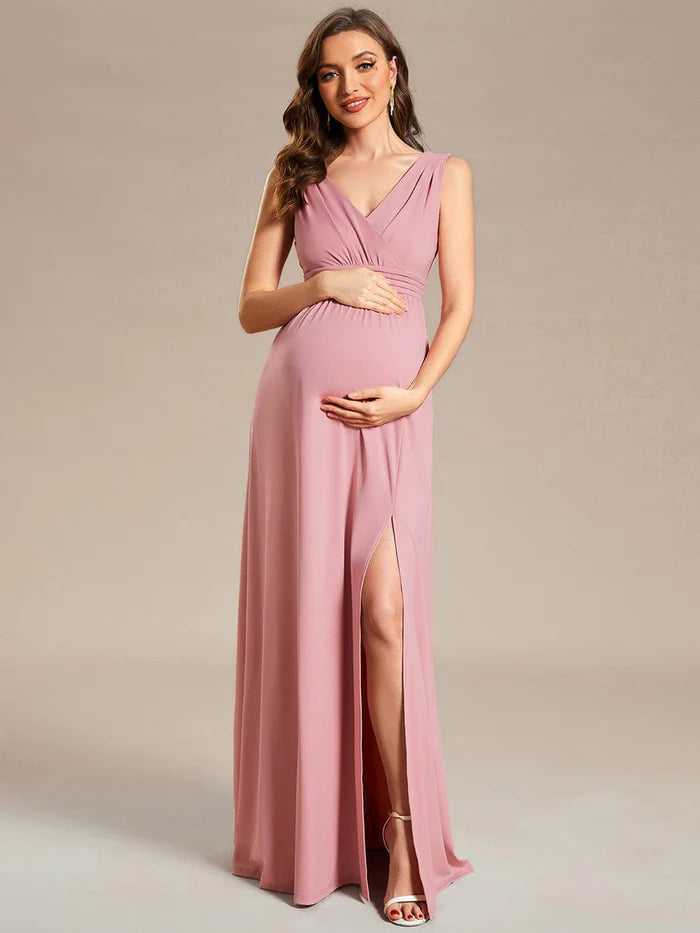 Timeless Style Promotions Sleeveless V-Neck Pleated Maternity Dress with Front Slit Feminine Elegant