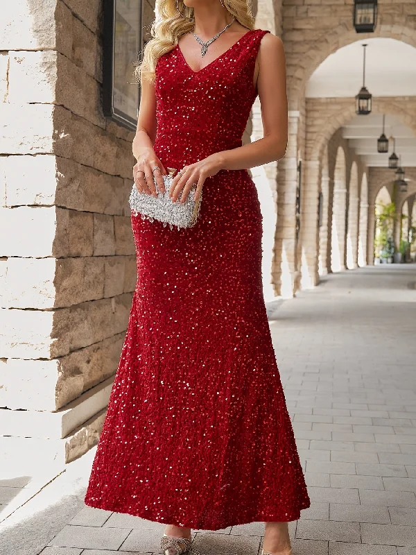 Premium Fashion Sleeveless V-Neck Red Sequin Elegant Maxi Dress - Bodycon Fit for Women - Perfect for Parties & Banquets Vintage Look