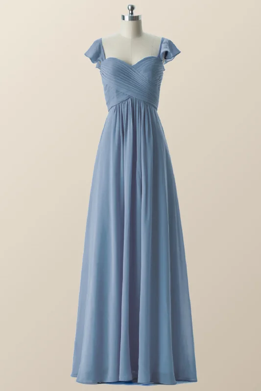 Street Style Discounts Flare Sleeves Misty Blue Pleated Long Bridesmaid Dress Effortless Grace