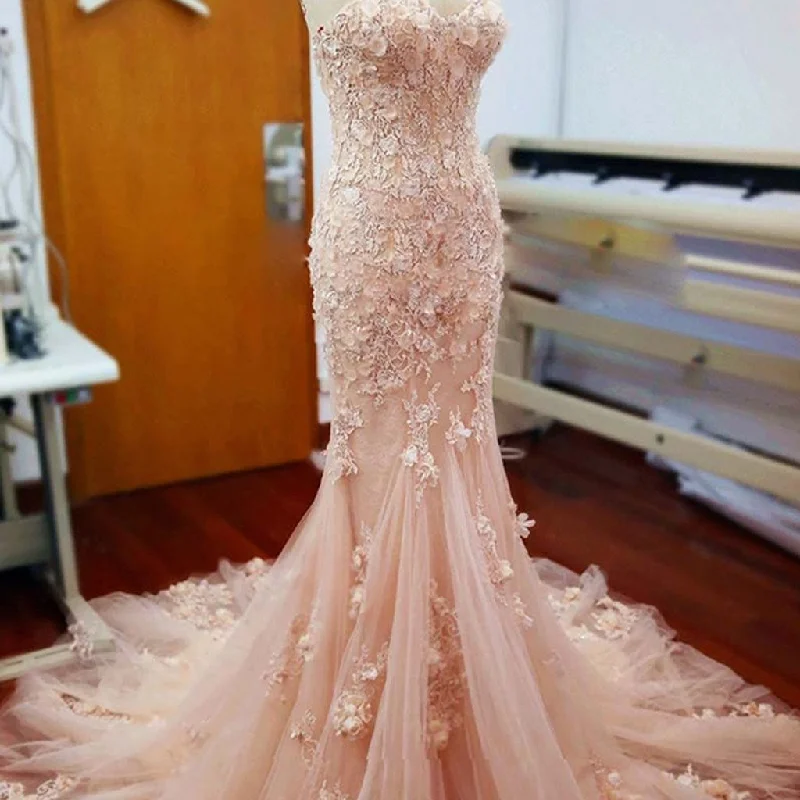 Style Breakthroughs Pink Lace Sweetheart Sexy Mermaid Wedding Party Dresses With Appliques, WD0033 Bohemian Vibe