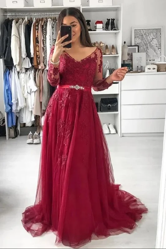 Don't Miss Out V Neck Long Sleeves A Line Appliqued Tulle Prom Dress With Beading  cg8955 Graceful Movement