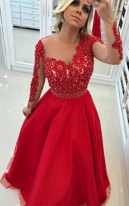 Top Deals Asymmetrical Neck Long Sleeves Red Prom Dresses With Pearls Beaded Appliques   cg9938 Sophisticated Cut