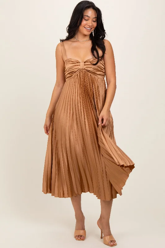 Chic And Edgy Gold Satin Pleated Sweetheart Midi Dress Save on Classic Elegant Styles