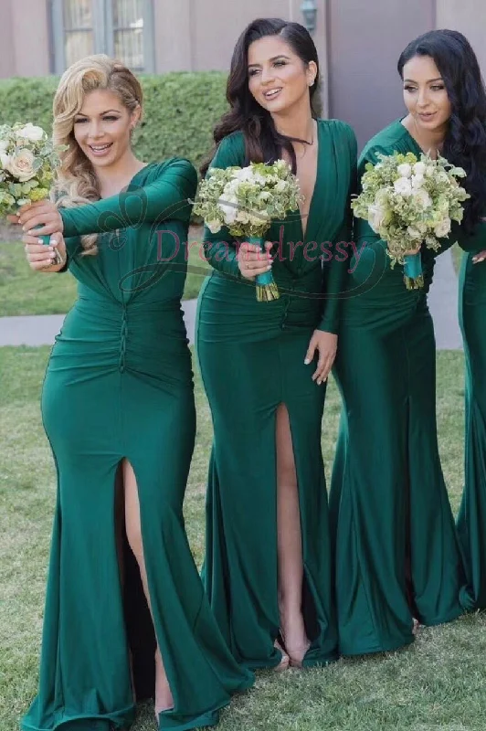 Classic Modern Offers Long Sleeves Green Mermaid Long Bridesmaid Dress with Slit Effortless Sophistication