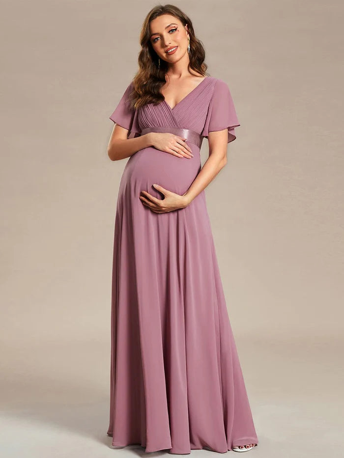 Trendy Looks On Sale Pleated Bodice Ruffle Sleeves V Neck Floor Length Maternity Dress Effortless Comfort