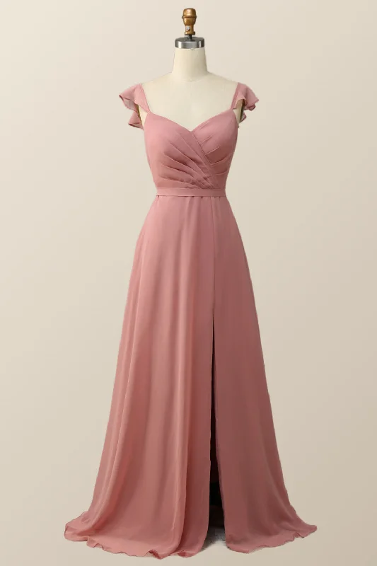 Luxury Casual Deals Blush Pink Ruffled Flare Sleeve Chiffon Long Bridesmaid Dress Bohemian Vibe