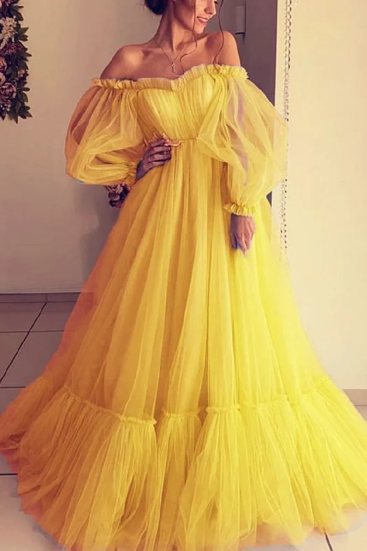 Style Without Limits yellow tulle prom dresses long sleeves off shoulder   cg10899 Luxe Layering