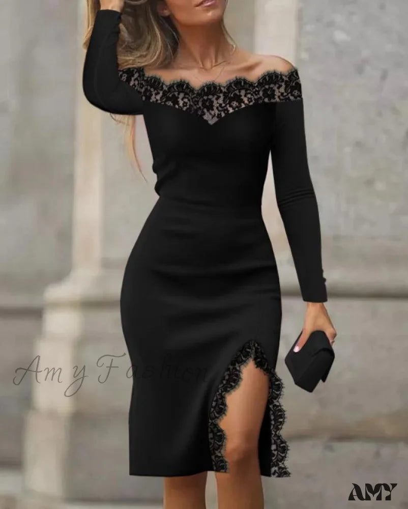 New In This Season Amy Fashion - Lace Off Shoulder Long Sleeve Slit Midi Party Dress Sleek Design