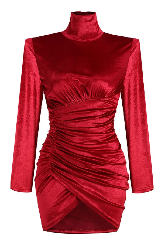 New Styles Just In Elegant Turtleneck Long Sleeve Ruched Velvet Cocktail Party Dress - Hot Pink Feminine Charm