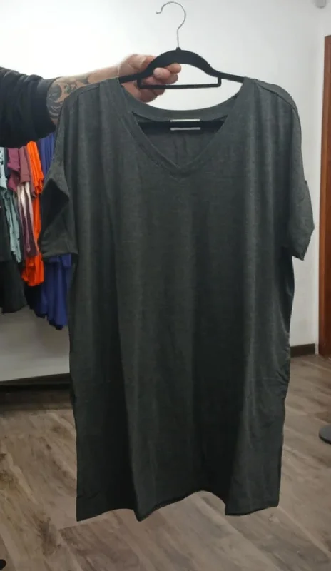 Trendy Women'S Wear Collection Gray V Neck Long Tunic or Shirt Dress w Pockets Graceful Movement