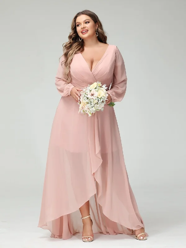 Limited Time Deal A-Line/Princess V-Neck Long Sleeves Chiffon Ruched Asymmetrical Plus Size Bridesmaid Dresses with Pockets Lightweight Fabric